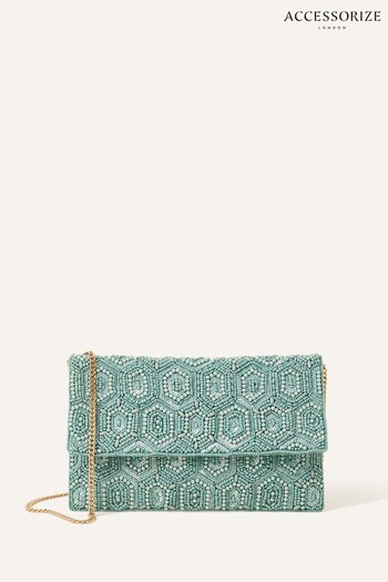Accessorize Green Embellished Fold Over Clutch Bag (D62386) | £28