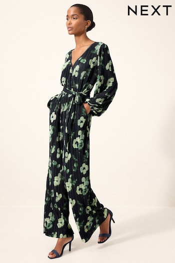 Blue/Green Long Sleeve Plissé Jumpsuit (D62837) | £45