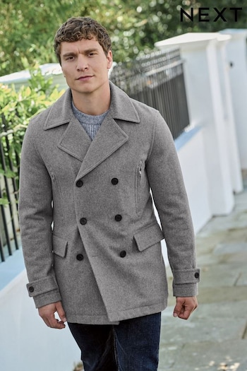 Light Grey Wool Rich Double Breasted Peacoat (D63508) | £119