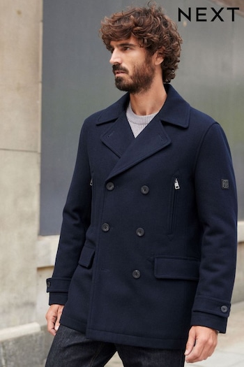 Navy Blue Wool Rich Double Breasted Peacoat (D63528) | £119