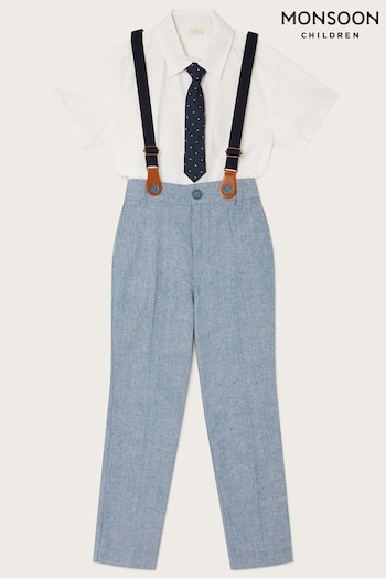Monsoon Blue Nathan Trousers, Shirt and Tie Set with Braces (D63538) | £55 - £75