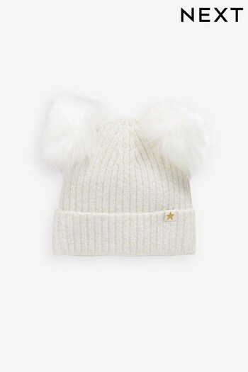 Ecru White Double Pom Pom Rib Beanie Hat (3-16yrs) (D63642) | £6.50 - £9.50