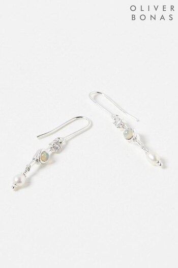 Oliver Bonas Silver Tone Aurora Multi Stone & Pearl Drop Silver Hook Earrings (D63976) | £45