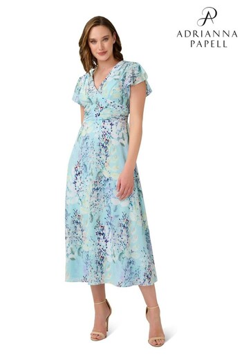Adrianna Papell Blue Floral Printed Fit And Flare Dress (D64023) | £179