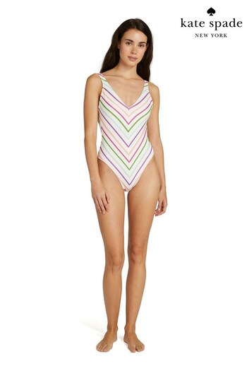 Kate Spade New York Party Stripe Mitered V-Neck White Swimsuit (D64033) | £200