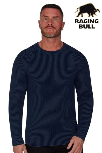 Raging Bull Blue Acid Wash Raglan Crew Knit (D64133) | £79 - £89
