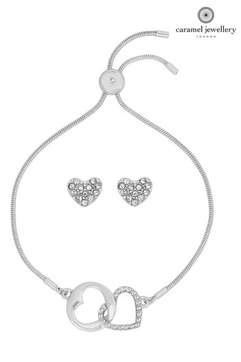 Caramel Jewellery London Silver Tone Entwined Sparkly Heart Charm Bracelet And Earring Set (D64224) | £24