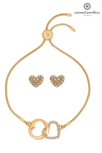 Caramel Jewellery London Gold Tone Entwined Sparkly Heart Charm Bracelet And Earring Set (D64225) | £24
