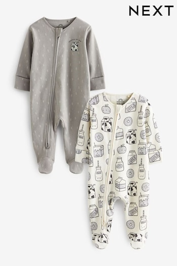 Grey 2 Way Zip Baby Cotton Sleepsuits 2 Pack (0mths-3yrs) (D64601) | £16 - £18