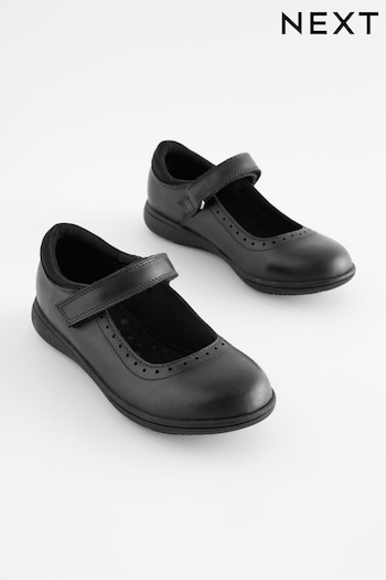 Matt Black Narrow Fit (E) School Leather Brogue Detail Mary Jane Shoes (D64661) | £28 - £37