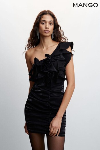 Mango Ruffled Draped Black Dress (D64783) | £70