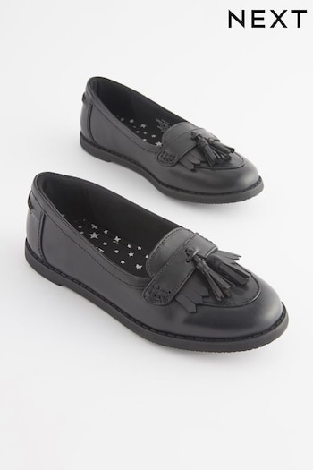 Matt Black Standard Fit (F) School Leather Tassel Loafers (D64990) | £33 - £40