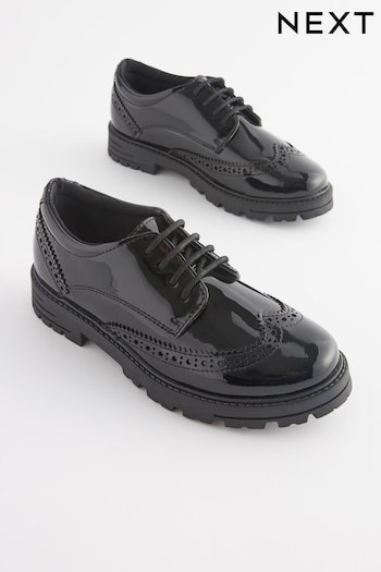 Black Patent Standard Fit (F) School Leather Chunky Lace-Up Brogues (D65037) | £36 - £43