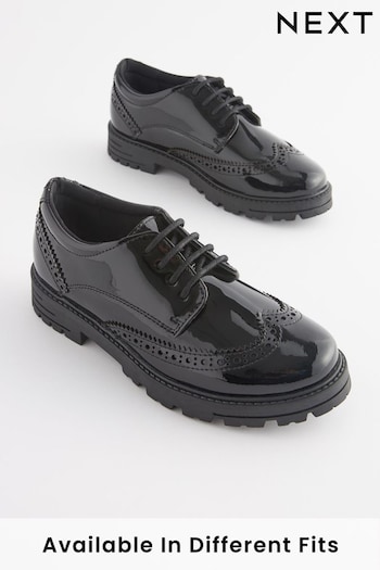 Black Patent Wide Fit (G) School Leather Chunky Lace-Up Brogues (D65038) | £36 - £43