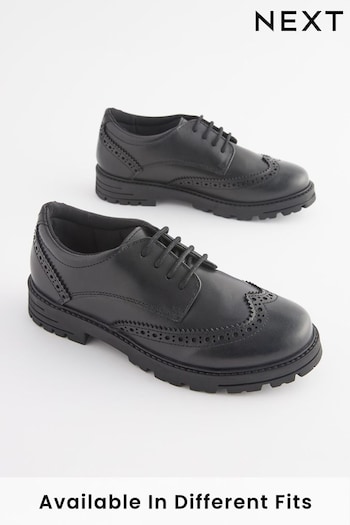 Black Wide Fit (G) School Leather Chunky Lace-Up Brogues (D65039) | £36 - £43