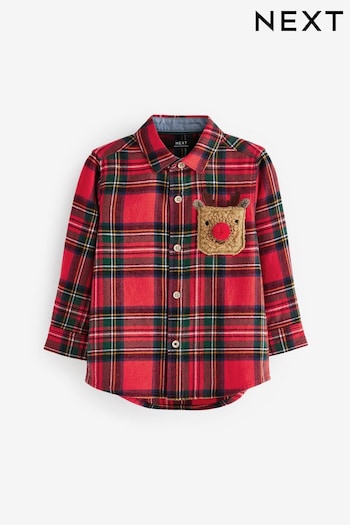 Red with Christmas Reindeer Pocket Long Sleeve Check Shirt (3mths-7yrs) (D65099) | £13 - £15