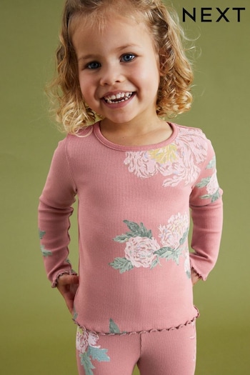 Pink Floral T-Shirt Cotton Rich Long Sleeve Rib T-Shirt (3mths-7yrs) (D65220) | £5 - £7
