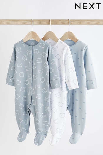 Blue 3 Pack Cotton Baby Sleepsuits (0-2yrs) (D65233) | £15 - £17