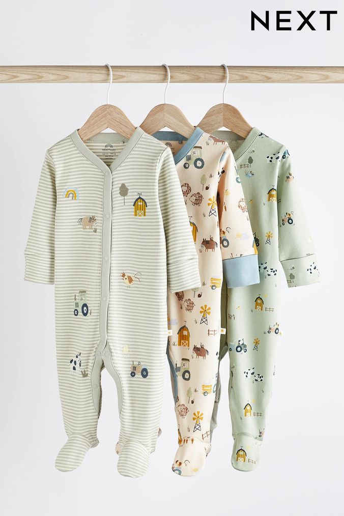 Mint Green Cotton Baby Sleepsuits 3 Pack (0mths-2yrs) (D65238) | £20 - £22