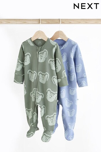 Green Cotton Zip Baby Sleepsuits 2 Pack (0mths-2yrs) (D65240) | £16 - £18