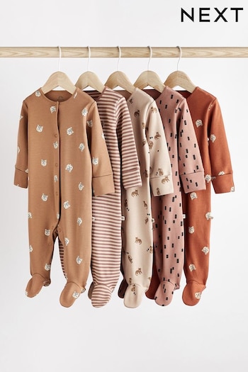 Tan Brown Cotton Baby Sleepsuits 5 Pack (0-2yrs) (D65247) | £27 - £29