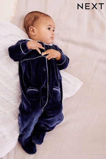 Navy Blue Velour Collared Baby Sleepsuit (0mths-3yrs) (D65263) | £12 - £14