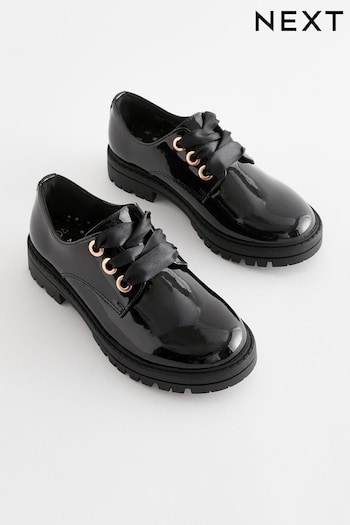 Black Patent Standard Fit (F) School Rose Gold Eyelet Lace Up Shoes Grey (D65273) | £26 - £33