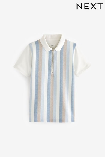 White/Blue Vertical Stripe Short Sleeve Zip Neck top Polo Shirt (3-16yrs) (D65708) | £15 - £20