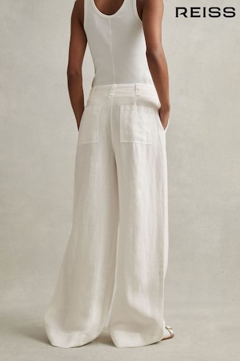 Reiss White Demi Petite Linen Wide Leg Garment Dyed Trousers slim-cut (D65836) | £150