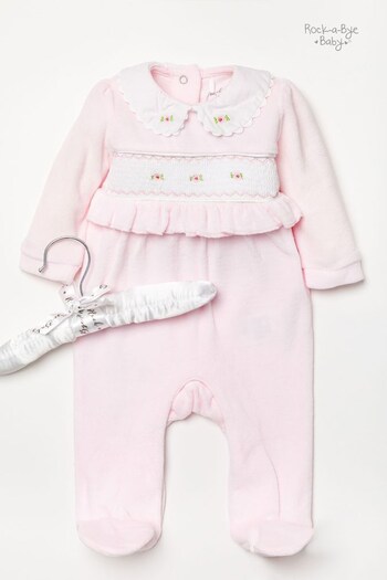 Rock-A-Bye Baby Boutique Pink Velour Sleepsuit with Rose Smocking Detail (D66183) | £18