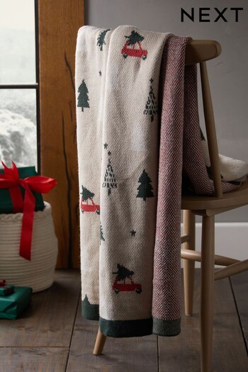 Natural Knitted Christmas Graphic Throw (D66582) | £45