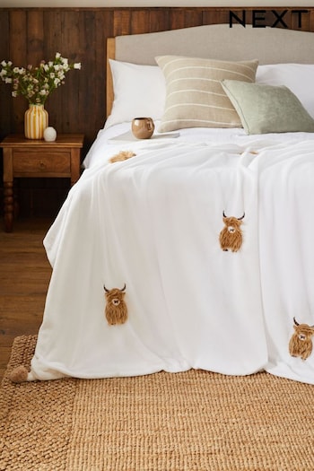Natural Hamish The Highland Cow Applique Throw (D66594) | £28 - £38