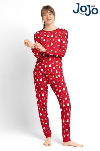 JoJo Maman Bébé Red Women's Christmas Print Pyjama Set (D66850) | £39