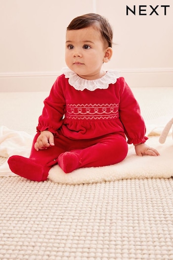 Red Velour Collared Baby Sleepsuit (0mths-3yrs) (D67009) | £12 - £14