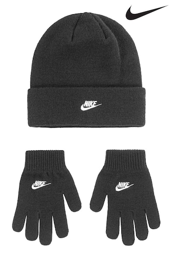 Nike Black Club Older Kids Knitted Beanie Hat and Gloves Set (D67452) | £24