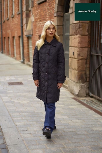 Another Sunday Diamond Quilted Padded Lightweight Midi Coat with Collar In Black (D67591) | £75