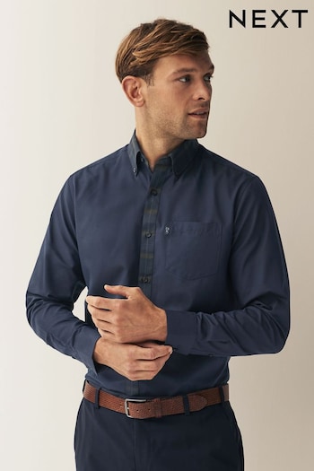 Navy Blue/Green Check Collar Regular Fit Easy Iron Button Down Oxford Shirt (D67800) | £22