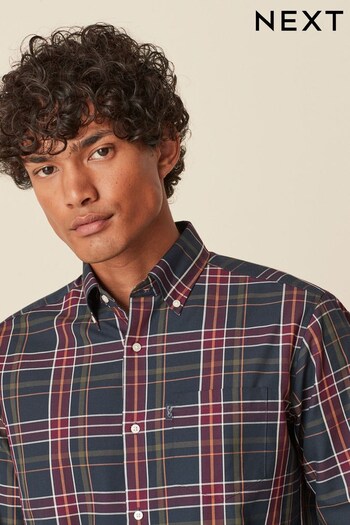 Navy Blue/Burgundy Red Check Regular Fit Easy Iron Button Down Oxford Shirt (D67814) | £22