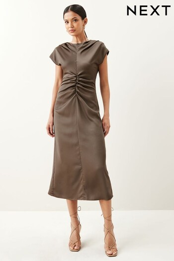 Oyster Gold Ruched Front Satin Dress (D67929) | £62