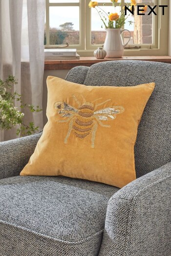 Ochre Yellow Bee Embellished Cushion (D68179) | £24