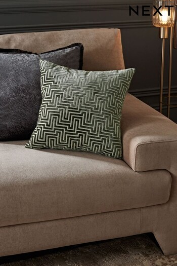 Bottle Green Cut Velvet Maze Geo Small Square Cushion (D68198) | £15