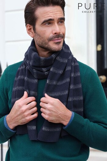 Pure Collection Mens Blue Textured Stripe Cashmere Scarf (D68760) | £90