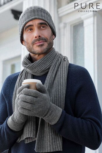 Pure Collection Mens Grey Cashmere Ribbed Scarf (D68765) | £90