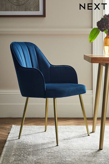 Set of 2 Soft Velvet Navy Blue Brushed Gold Leg Stella Arm Dining Chairs (D69041) | £299