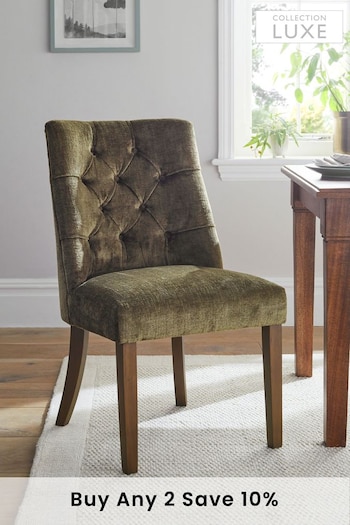 Set of 2 Plush Chenille Moss Green Wolton Collection Luxe Buttoned Dining Chairs (D69044) | £360