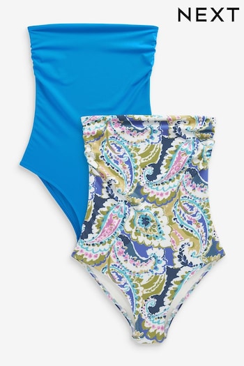 Blue/Cream Paisley Print Bandeau Swimsuits 2 Pack (D69069) | £44
