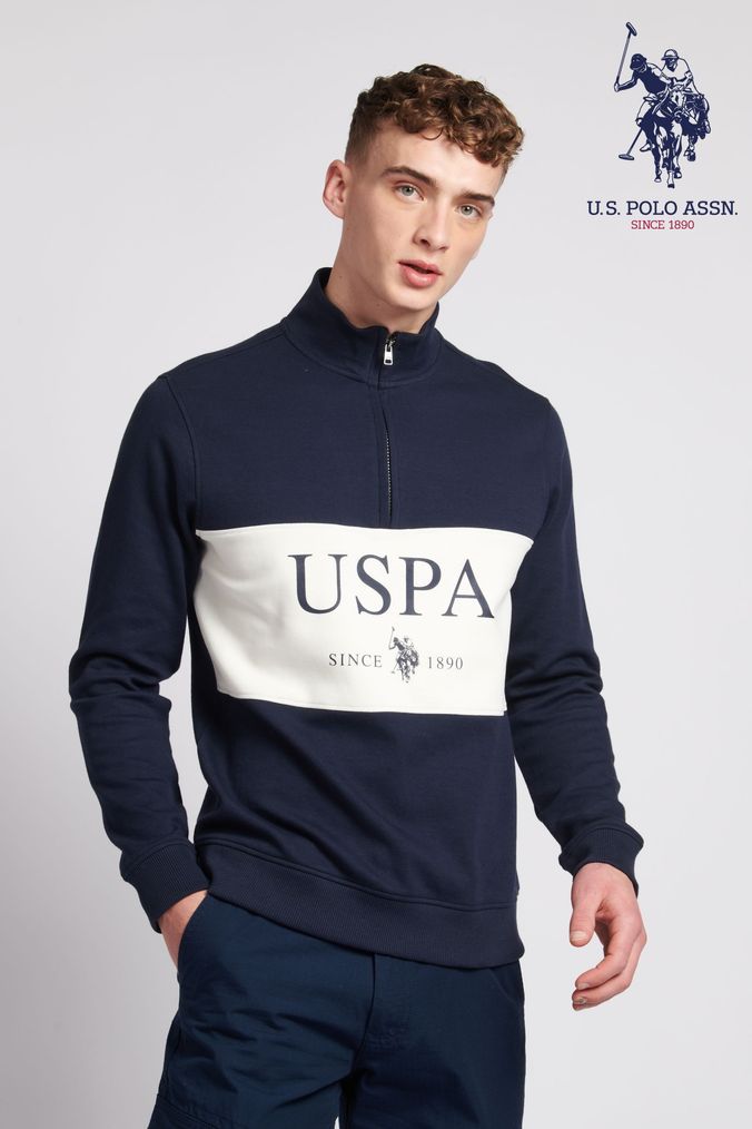 U.S. Polo Assn. Mens Blue 1/4 Zip Interlock Sport Sweatshirt (D69140) | £65