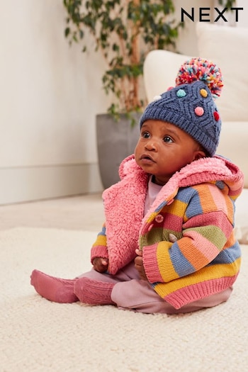 Pink/Yellow/Blue Striped Character Baby Knitted Fleece Lined Cardigan (0mths-2yrs) (D69208) | £22 - £24