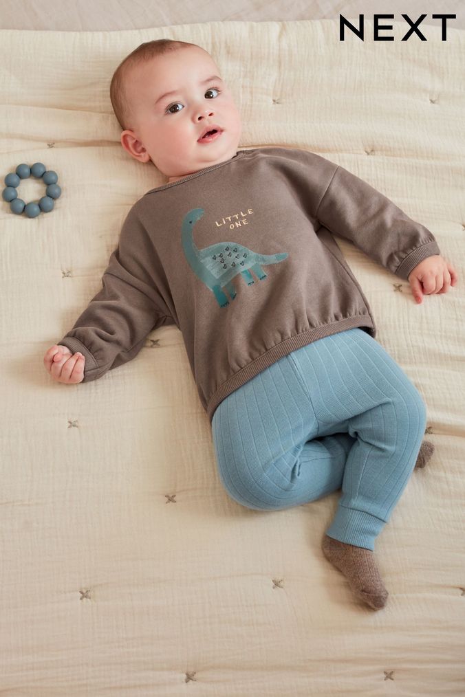Chocolate Brown Dinosaur Cosy Baby Sweatshirt And Leggings 2 Piece Set (D69255) | £12 - £14