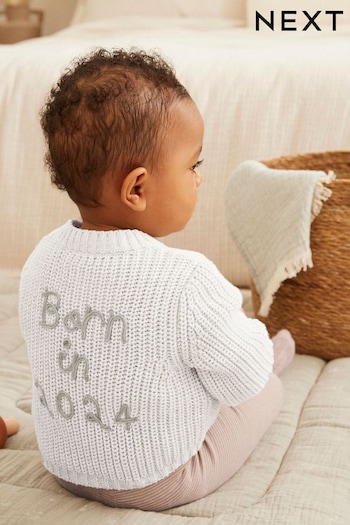 Cream Born in 2024 Baby Chunky Knitted Embroided Cardigan (D69266) | £16